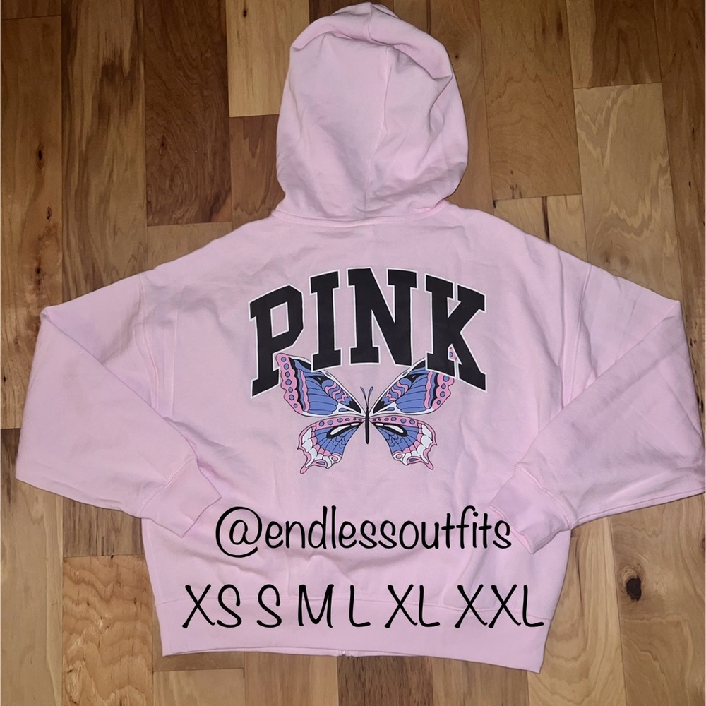 VS PINK BUTTERFLY FULL ZIP HOODIE LIMITED EDITION SWEATSHIRT IN PINK TULIP